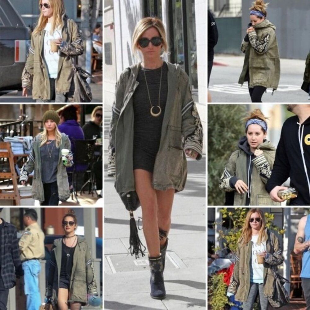 FREE PEOPLE Golden Quills Military Parka Jacket Coat Green Rhinestones M RARE - Picture 6 of 16